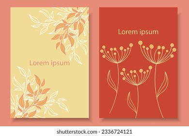 Two backgrounds in autumn colours with delicate plant elements. Branches with leaves and delicate flower in design of autumn banner, invitation, flyer, background. Minimalism in your design. EPS10