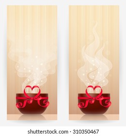 Two backgrounds with brown cups, tied by red ribbon with heart-shaped bow, with light steam above. Favorite drink concept