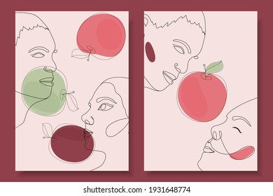 Two backgrounds with an image of a male and a female profile with apples in a minimalist style. Drawing in lines