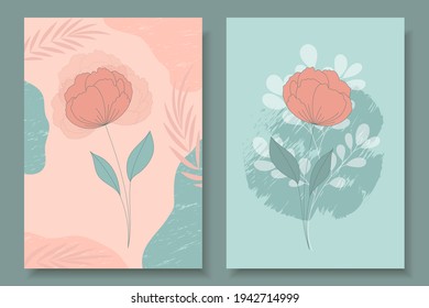 Two backgrounds in pastel colors with an image of a flower in the center.  Branches, abstract geometric shapes in the design of the poster.  