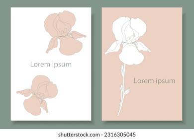 Two backgrounds in pastel colours with irises. Minimalist style in the design of cards, labels, covers, packaging with flowers and abstract figures.