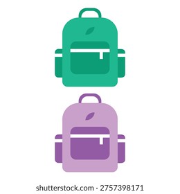Two backpack icons, one green and one purple, with a leaf symbol on each, symbolizing travel and outdoor activities