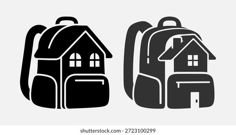 Two backpacks with house designs on them, one with a simple house and the other with a more detailed house