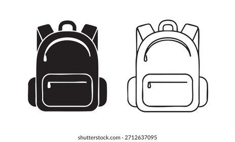 Dos mochilas se muestran en blanco y negro. La mochila negra tiene un bolsillo con cremallera y una correa