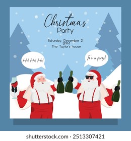 Two Bad funny drunk Santa Claus drinking. Card invitation to the party