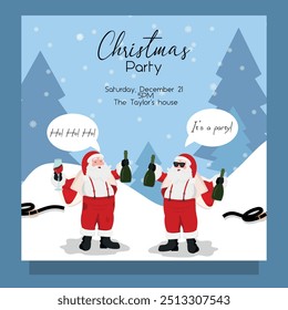 Two Bad funny drunk Santa Claus drinking. Card invitation to the party