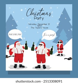 Two Bad funny drunk Santa Claus drinking other Santa in shoked. Card invitation 