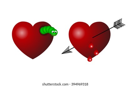 two bad hearts, hearts with worm and arrow
