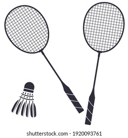 Two badminton rackets and a shuttlecock. Black illustration isolated on white background.