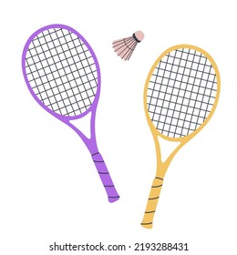 Zwei Badmintonschläger und ein Shuttleservice. Flache Vektorgrafik einzeln auf weißem Hintergrund