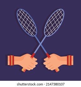 Two badminton rackets versus. Badminton tournament. Colored flat graphic vector illustration.