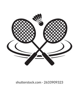 Two badminton racquets or rackets with shuttlecock birdie line art vector icon for sports apps and websites. Vector black silhouette. with white background
