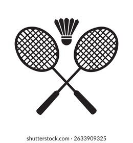 Two badminton racquets or rackets with shuttlecock birdie line art vector icon for sports apps and websites. Vector black silhouette. with white background
