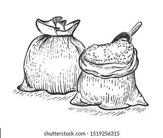 Two bag of burlap with flour scoop on white background. Hand draw vector illustration in engraving style