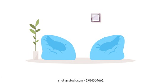 Two bag chairs semi flat RGB color vector illustration. Comfortable blue opposing chairs for relaxation. Coworking space. Office comfortable furniture isolated cartoon object on white background