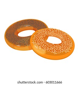 Two bagels with poppy and sesame seeds flat design on white background. Vector illustration of bakery products. Eating fresh and tasty sweet bread close-up.