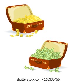 two bags with coins and bills. vector illustration