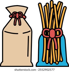 Two bags of food, one of which is a bag of pasta. The pasta is long and thin, and it is sitting in a blue bag. The bag is tied with a red ribbon