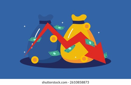 Two bags of money, one blue and one yellow, with a red arrow pointing downward. Concept of financial loss or decline