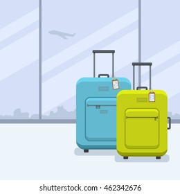 Two bags with tags in flat style. Luggage in the airport. Vector illustration