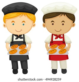 Two bakers with fresh baked bread illustration