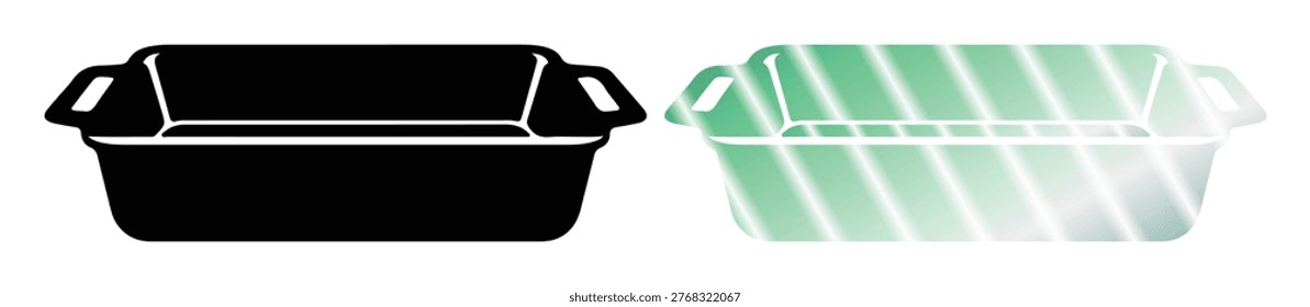 Two baking dishes, one solid black silhouette, other with green gradient. Kitchenware.