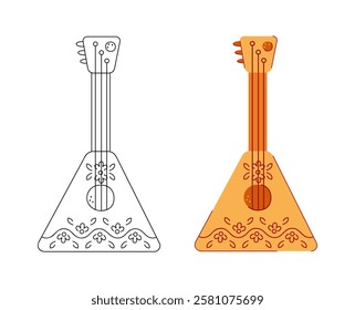 Two balalaikas, black and colored. Hand drawn clip art for your project.