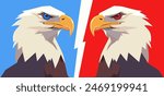 Two Bald eagles opposite, looking to each other on the blue and red backgrounds separated with the line. Symbols of USA independence. Vector art