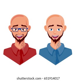 Two bald man with eyeglasses, earrings, tattoo and beard, vector illustration isolated on white background