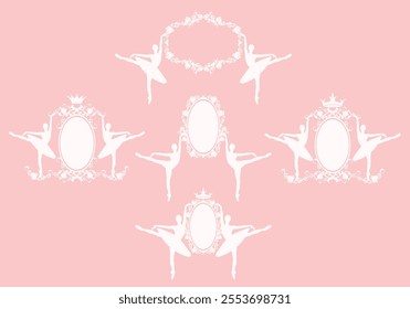 two ballerina girls wearing tutu skirt, standing en pointe holding oval frame decorated with rose flowers - classical ballet dance studio vector design set