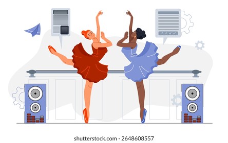 Two ballerinas dancing. Young girls in red and blue dress dancing. Active lifestyle and leisure, cultural rest. Ballet training in studio. Flat vector illustration