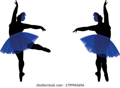 Two ballerinas plus size in blue tutus on a white background. Vector Illustration