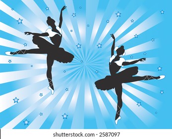 two ballerinas silhouette on a blue light rays background and stars