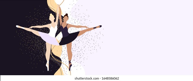 Two ballerinas are standing on pointe shoes. Blonde on a dark background and a black-skinned brunette on a light background. Beautiful girls with sparkles around. Elegant background or banner for webs