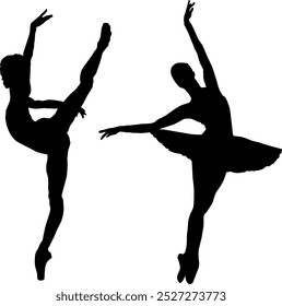 Two ballet dancers captured in silhouette perform elegant poses against a white background. The dancer on the left gracefully extends one leg high into the air while maintaining balance on the other. 