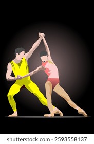 Two ballet dancers are performing a graceful and elegant dance move on a dark stage, wearing contrasting yellow and pink costumes