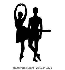 Two ballet dancers in silhouette pose gracefully, one with an arm raised and the other holding a prop, showcasing elegance and dance artistry.
