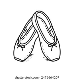 Two ballet slippers are drawn in black and white. The slippers are positioned in a way that they are facing each other, with their toes touching. Concept of elegance and grace