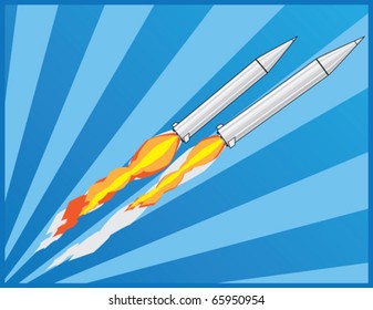 two ballistic rockets flight with sunrise background