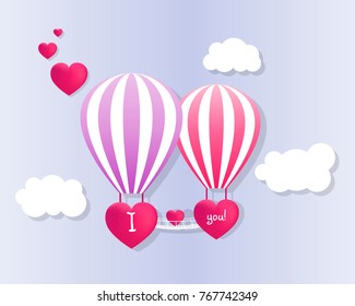 Two balloon with hot air. Red heart. Blue sky with clouds. Holiday card on Valentine's Day. Declaration in love.