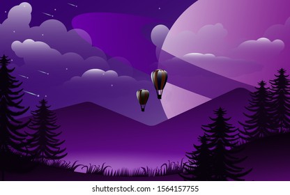 Two balloons about peaceful land somewhere in mountains. Great unknown planet far from another planet. Beautiful night with clouds and stars behind them.