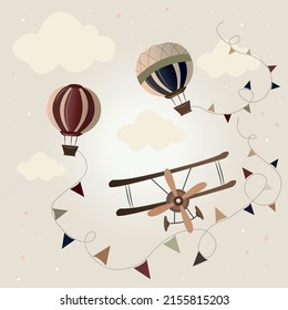 two balloons and an airplane in the pale pink sky. flag garlands. wind and clouds. air travel