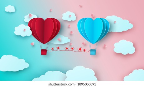 Two balloons in the form of hearts on the background of the sky with clouds. Happy valentine s day. Vector illustration