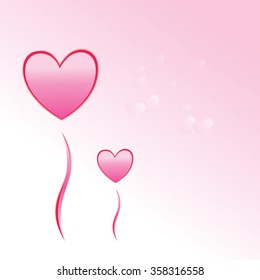 two balloons in heart shape with petals of flower falling down to the floor and gradient pink background