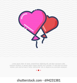 Two balloons in heart shape. Thin line vector illustration. Wedding, Valentine's day, birthday party element.