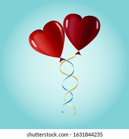 Two balloons are hugging. The concept of love for Valentine's Day. Vector drawing of red beads in the form of a heart on a blue background.