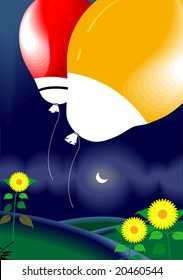  two balloons, moon and flowers	