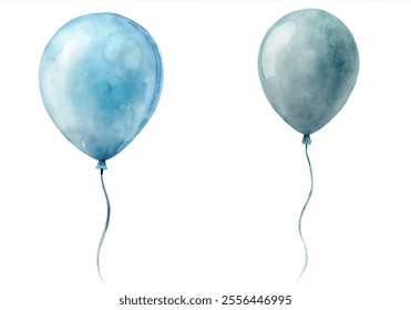 Two balloons, one blue and one gray, are floating in the air. The blue balloon is larger and more prominent, while the gray one is smaller and more subdued. Concept of lightness and playfulness