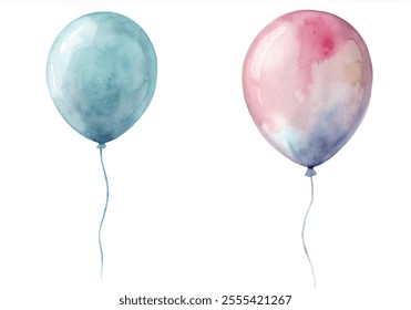 Two balloons, one blue and one pink, are floating in the air. The blue balloon is larger than the pink one