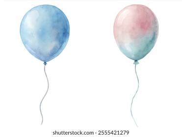 Two balloons, one blue and one pink, are floating in the air. The blue balloon is larger than the pink one